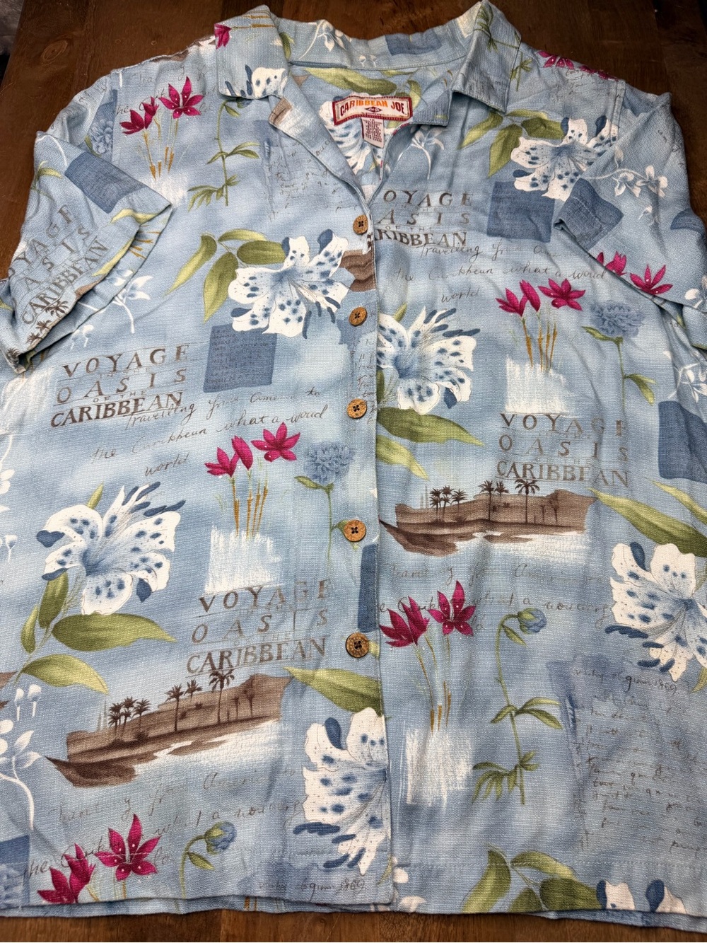 Caribbean Joe Women’s Blue and White Floral Rayon Shirt